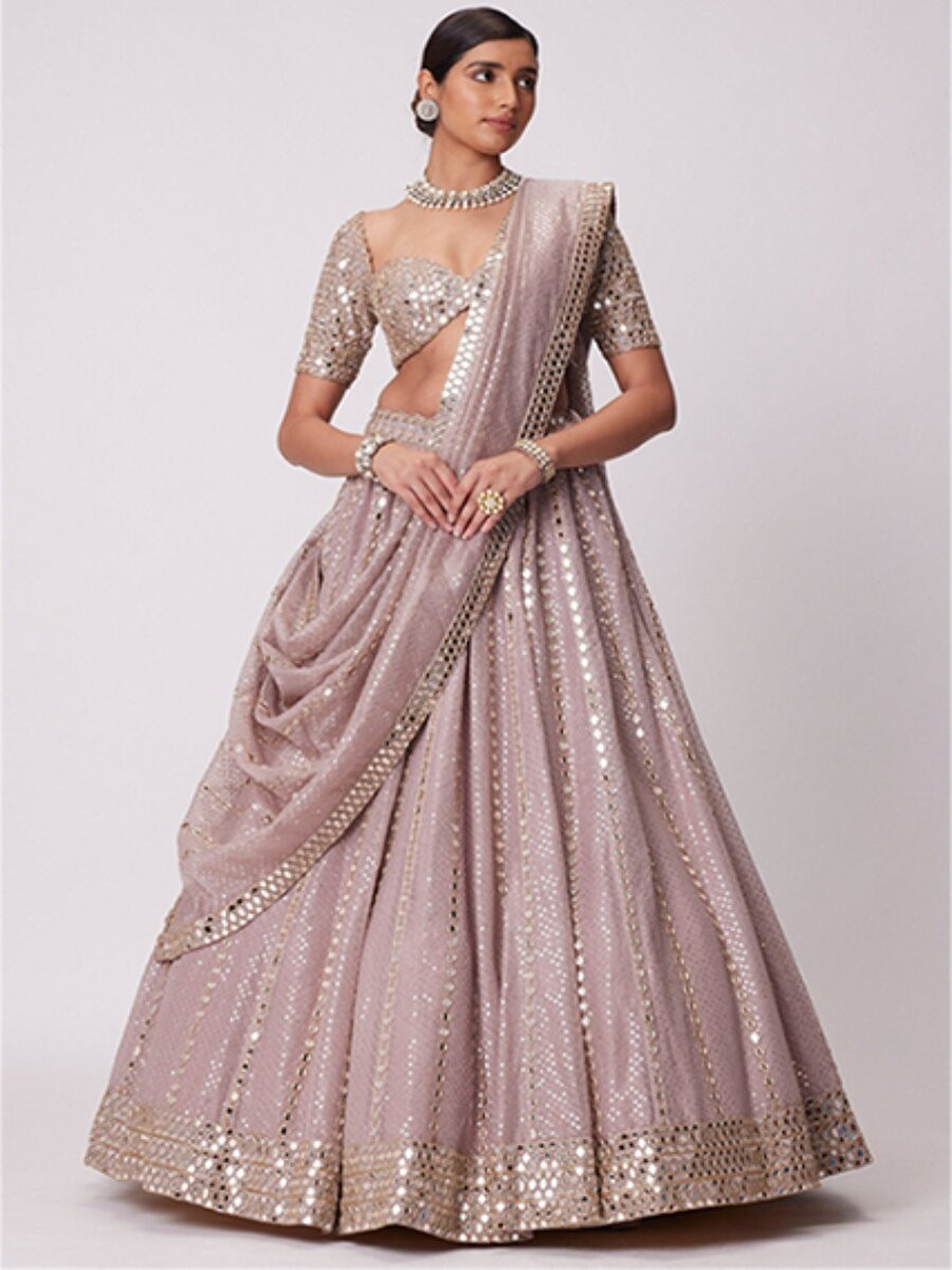 Ash Pink Semi viscose organza Embroidery Sequins Zari Wedding Reception Party Festival Heavy Border Lehenga Choli