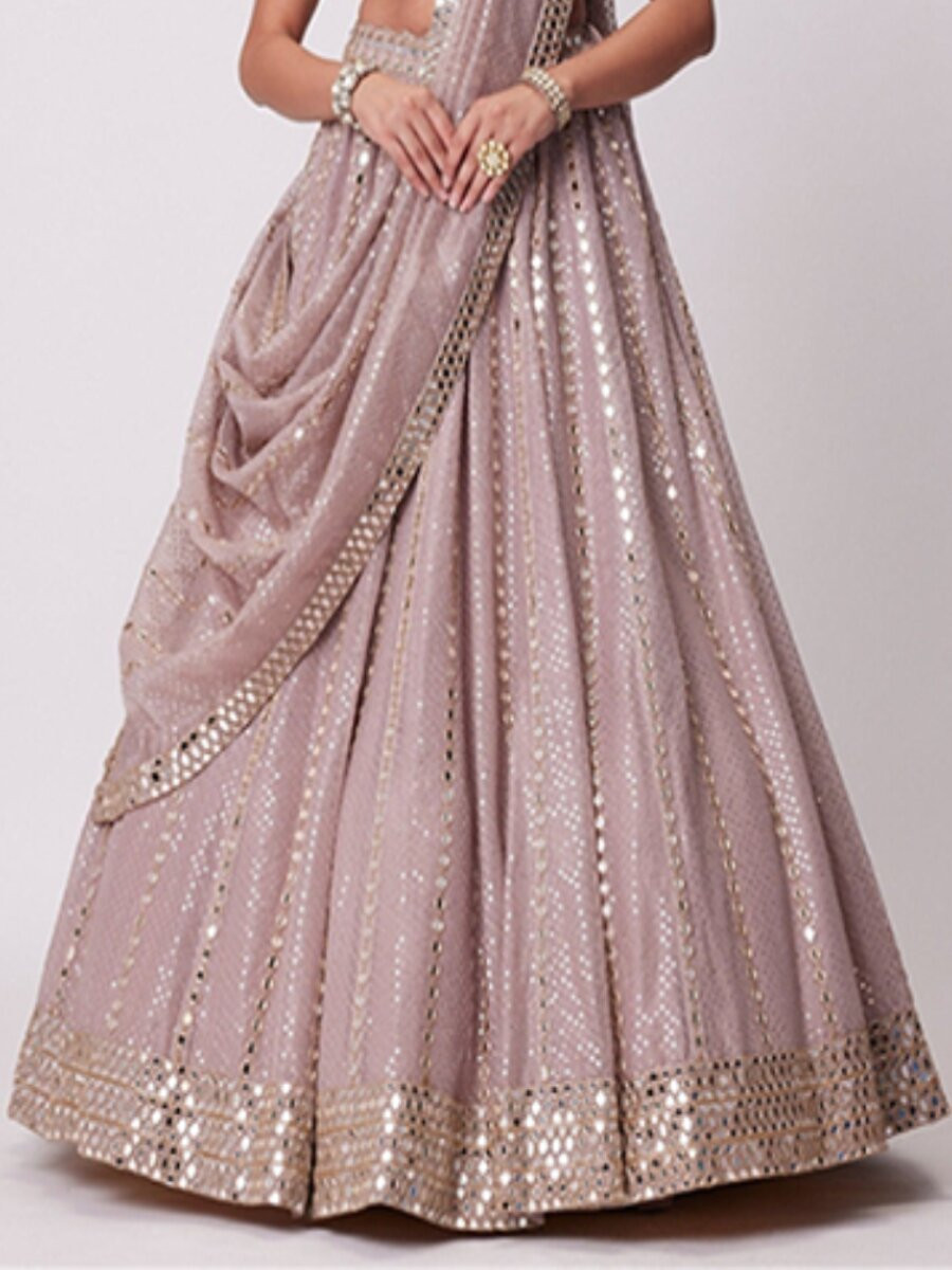 Ash Pink Semi viscose organza Embroidery Sequins Zari Wedding Reception Party Festival Heavy Border Lehenga Choli