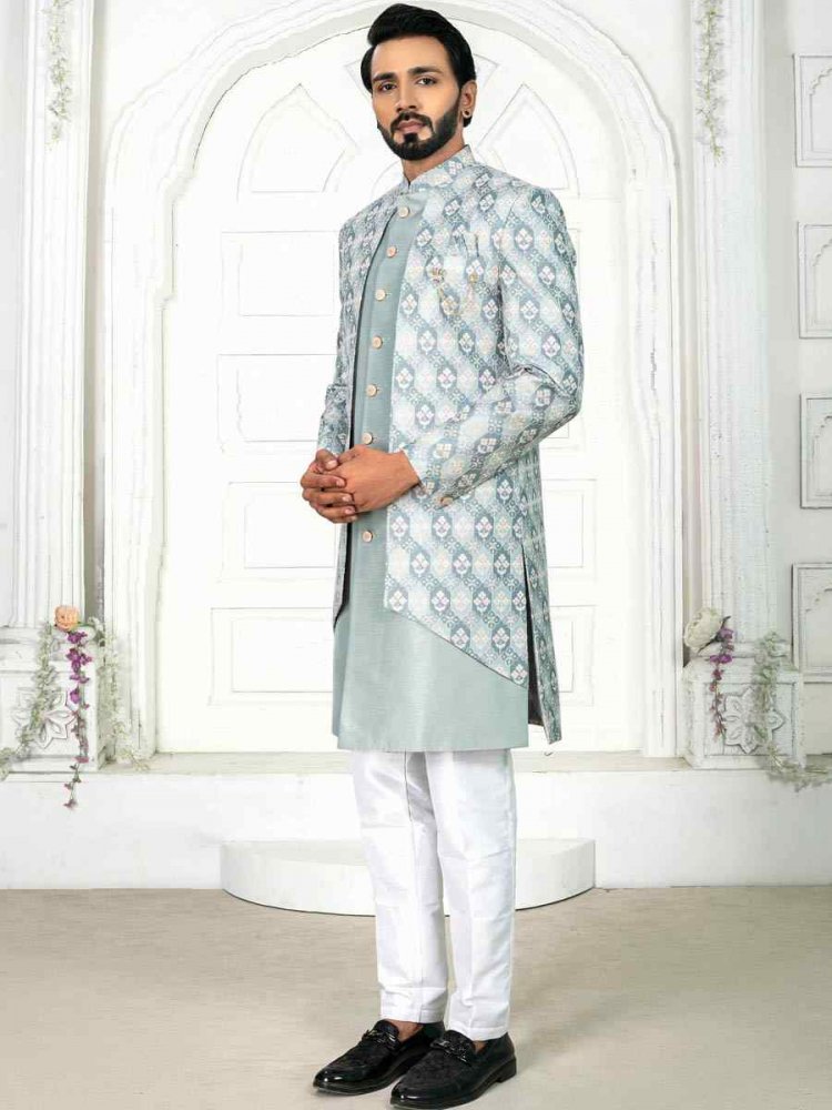 Asmani Seagreen Silk Embroidered Wedding Groom Sherwani