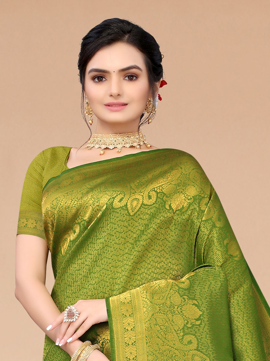 Asparagus Green Blended Silk Handwoven Party Saree