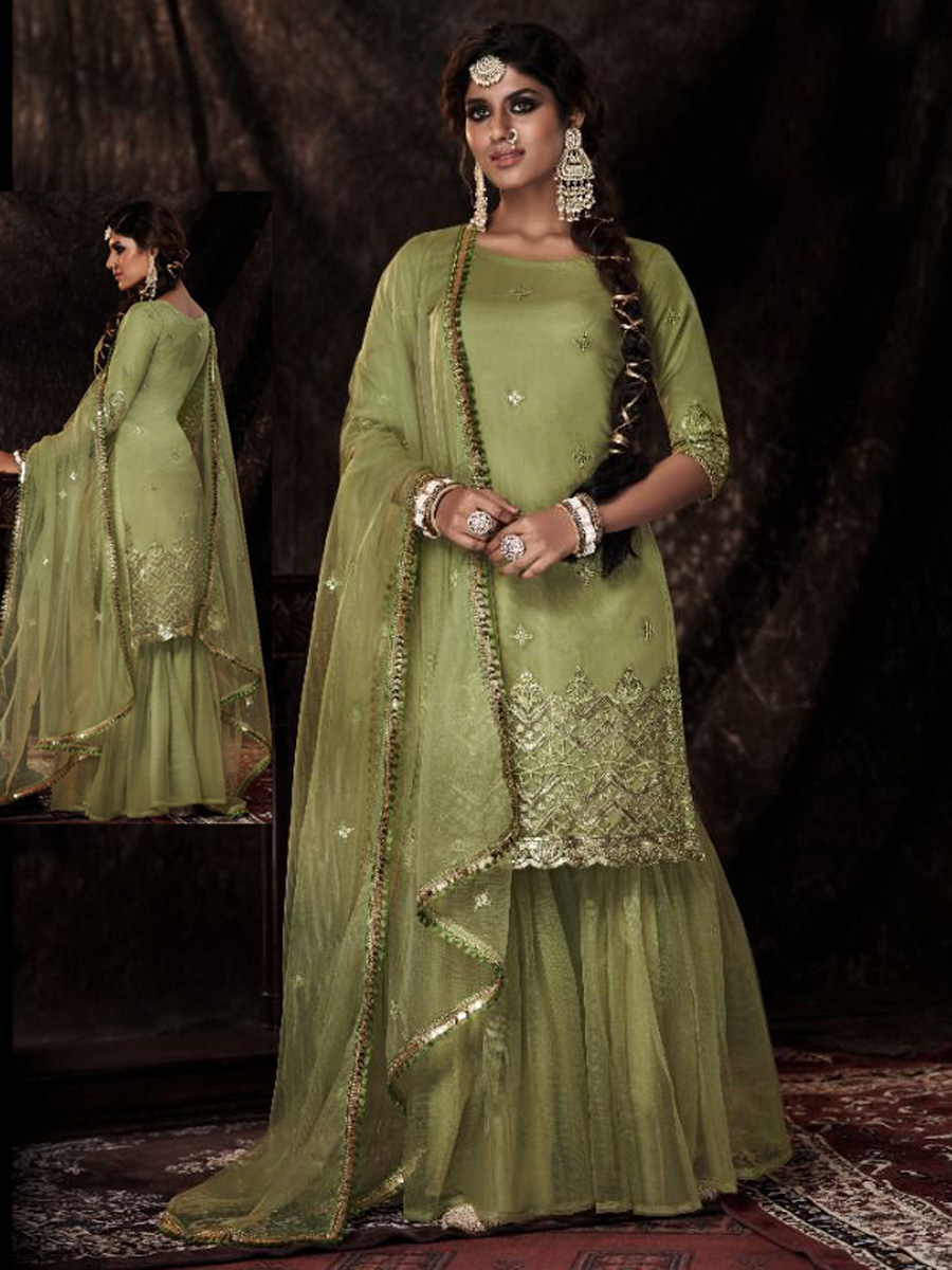 Asparagus Green Net Embroidered Party Palazzo Pant Kameez