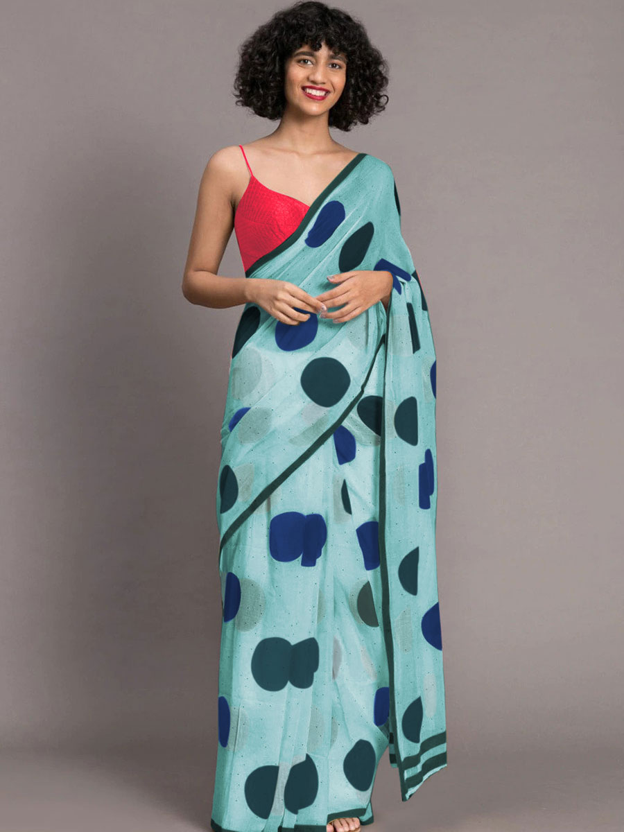 Baby Blue and Blue Chenderi and Linen Casual Printed Saree