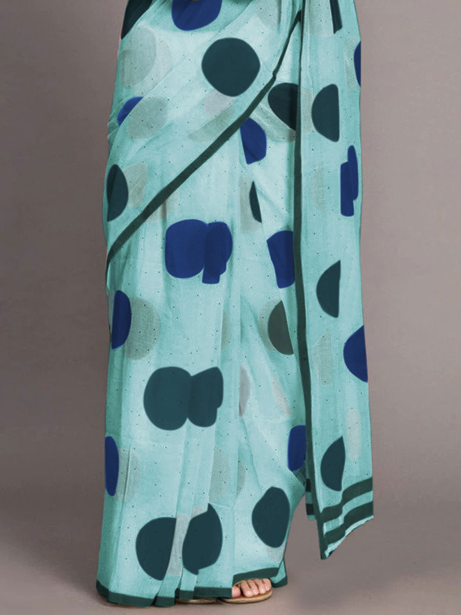 Baby Blue and Blue Chenderi and Linen Casual Printed Saree
