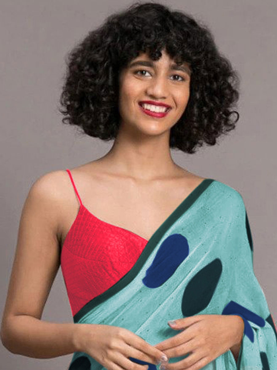 Baby Blue and Blue Chenderi and Linen Casual Printed Saree