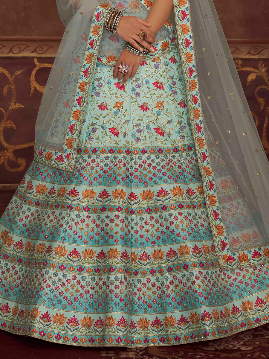 Baby Blue Art Silk Embroidered Wedding Lehenga Choli