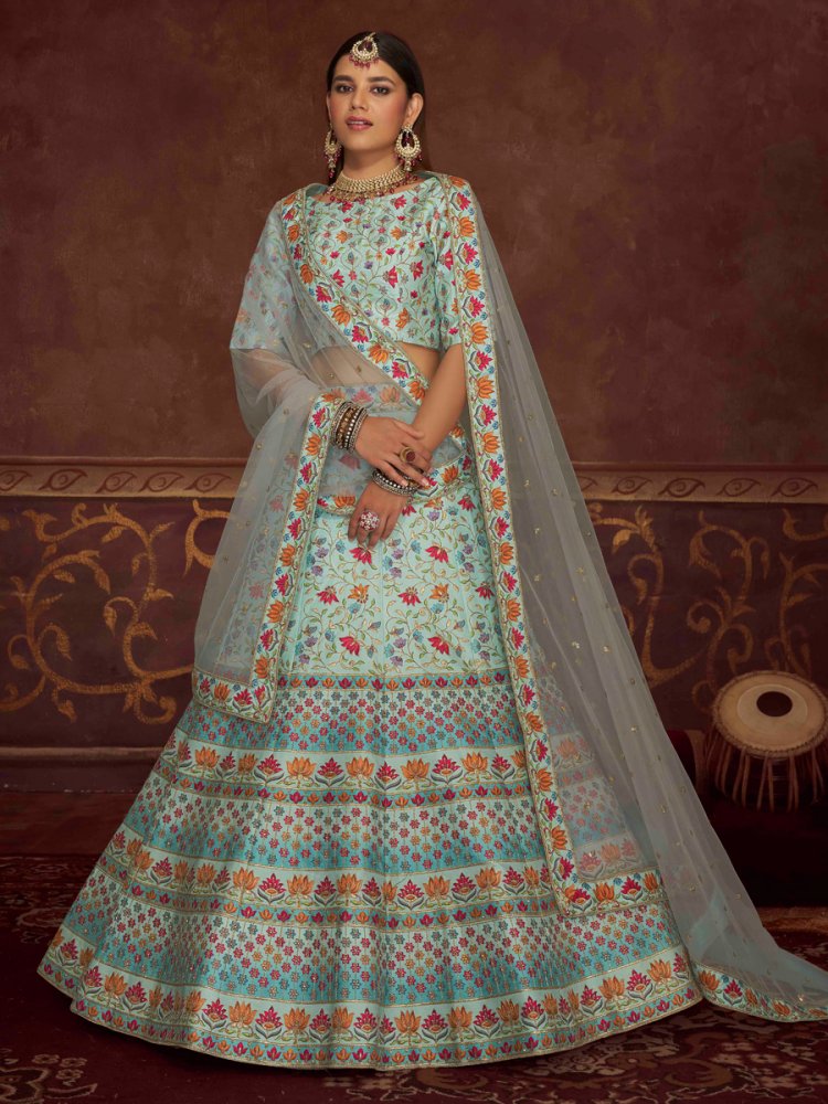 Baby Blue Art Silk Embroidered Wedding Lehenga Choli