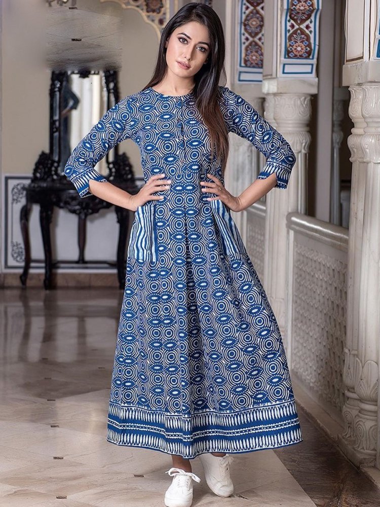 Baby Blue Maslin Silk Casual Printed Gown