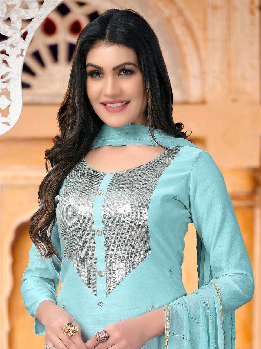 Baby Blue Modal Chanderi Embroidered Festival Pant Kameez