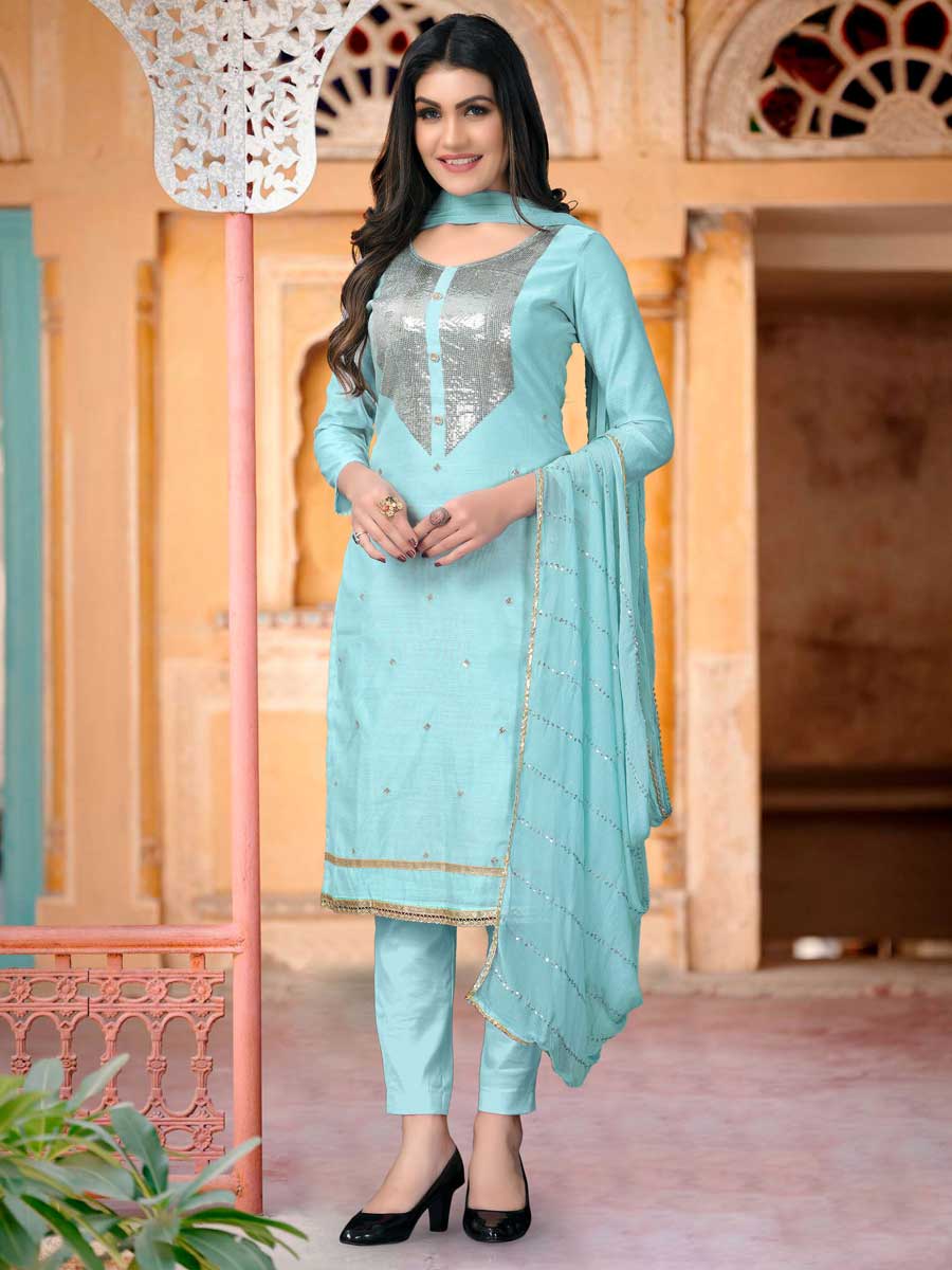 Baby Blue Modal Chanderi Embroidered Festival Pant Kameez
