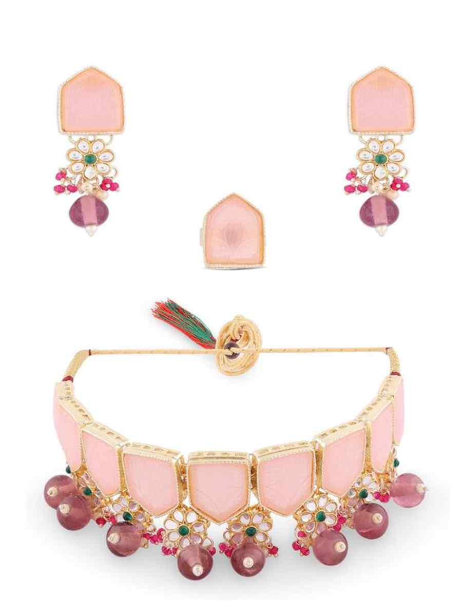 Baby Pink Alloy Metal Festival Wear Kundan Necklace