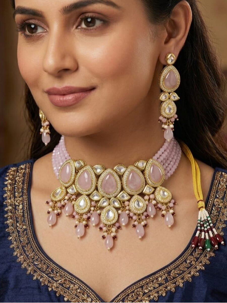 Baby Pink Alloy Metal Gemstone Festival Party Wedding Necklace