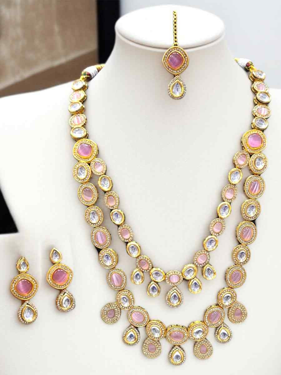 Baby Pink And Gold Alloy Wedding Party Festival Wear Kundan Necklace
