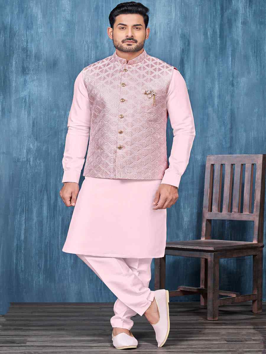 Baby Pink Art Banarasi Silk Woven Festival Wedding Kurta