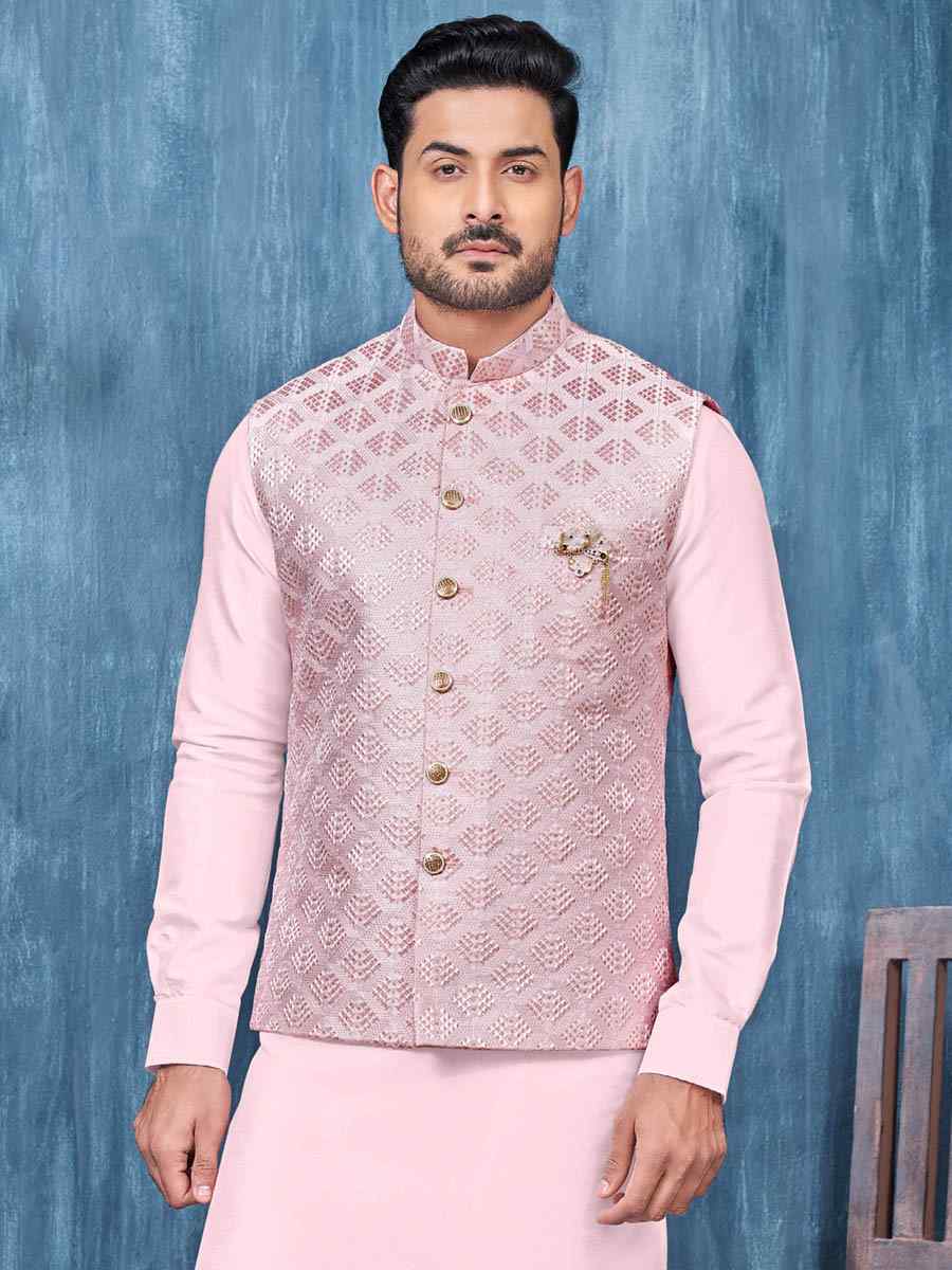 Baby Pink Art Banarasi Silk Woven Festival Wedding Kurta