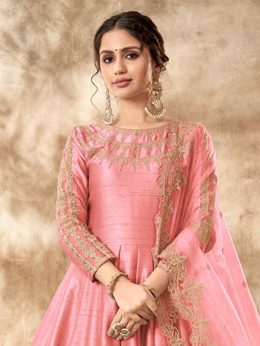 Baby Pink Art Silk Embroidered Festival Wedding Anarkali Salwar Kameez