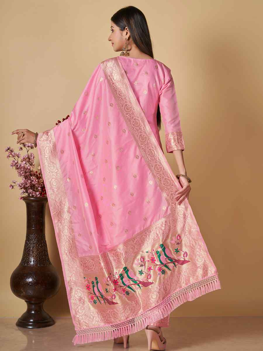 Baby Pink Banarasi Handwoven Mehendi Festival Pant Salwar Kameez