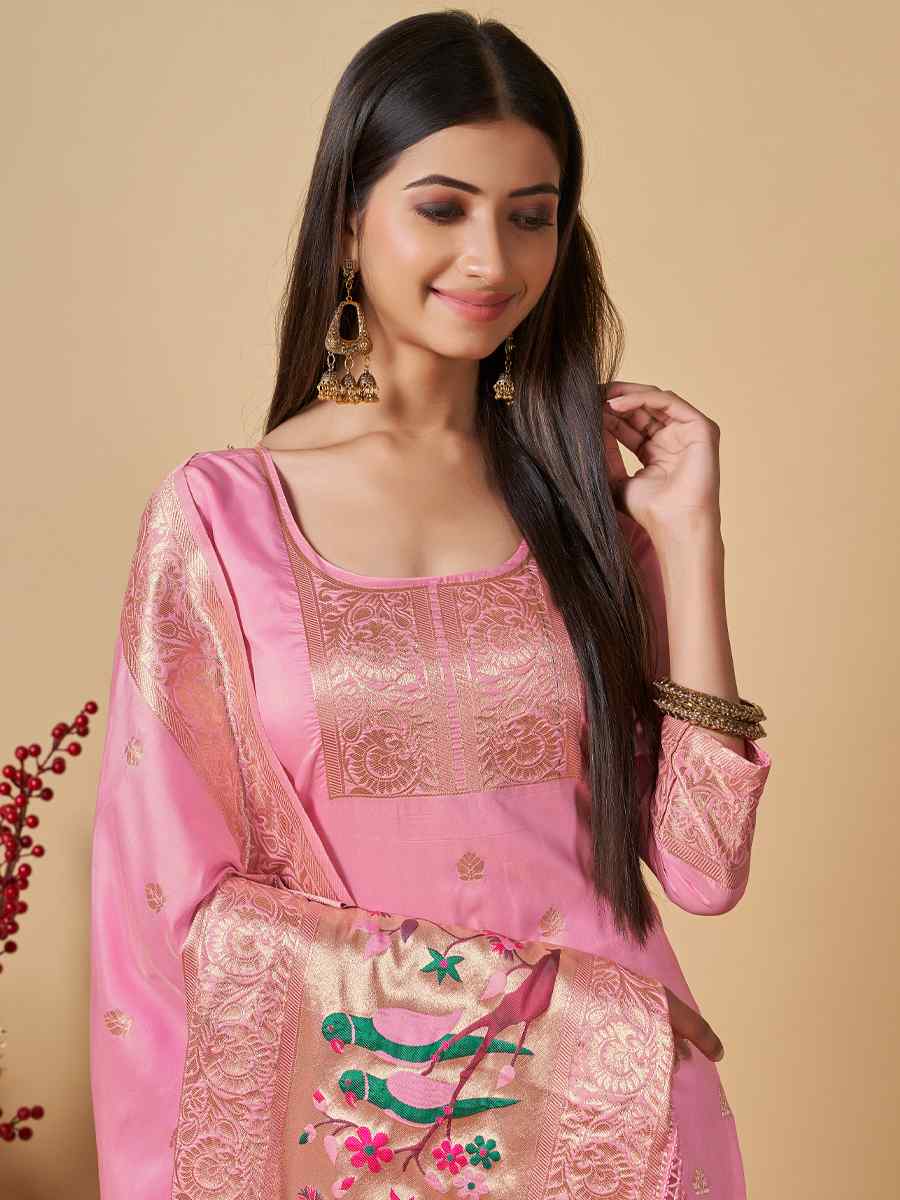 Baby Pink Banarasi Handwoven Mehendi Festival Pant Salwar Kameez