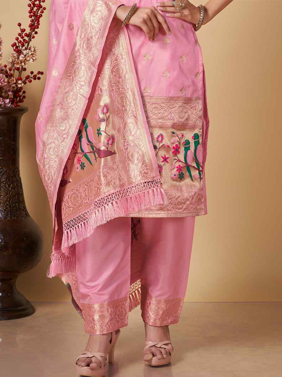 Baby Pink Banarasi Handwoven Mehendi Festival Pant Salwar Kameez