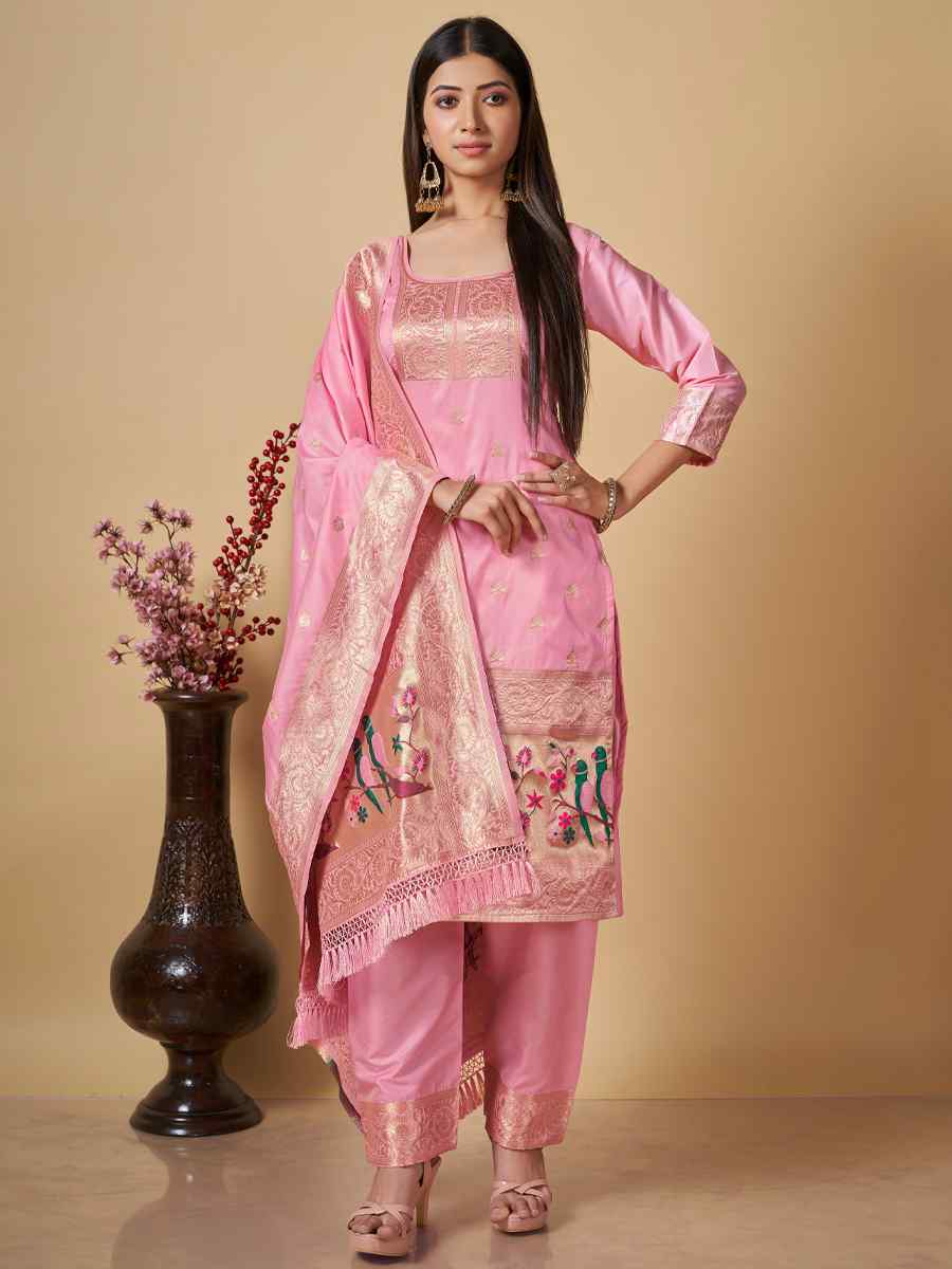 Baby Pink Banarasi Handwoven Mehendi Festival Pant Salwar Kameez