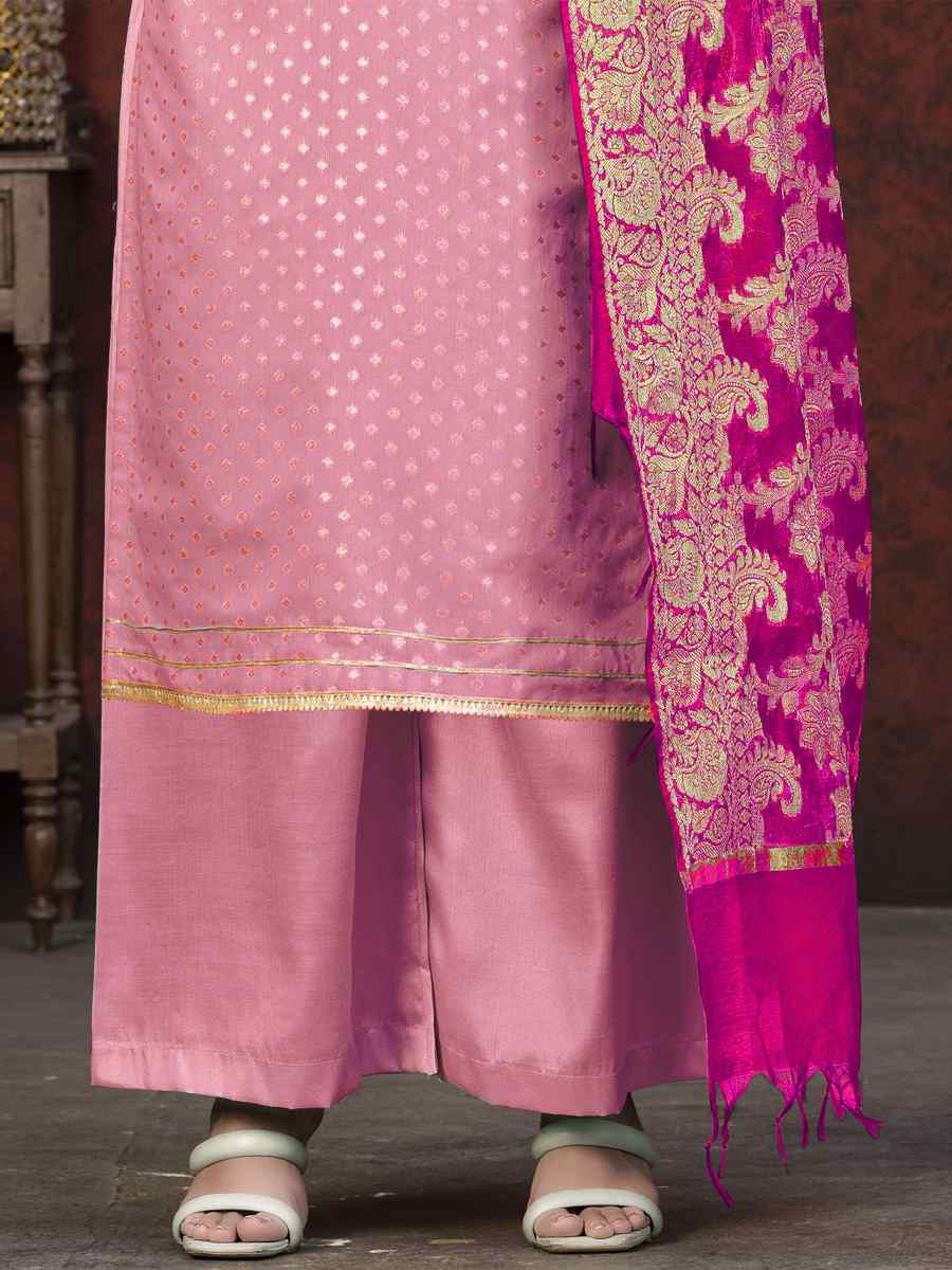 Baby Pink Banarasi Jacquard Embroidered Casual Festival Pant Salwar Kameez