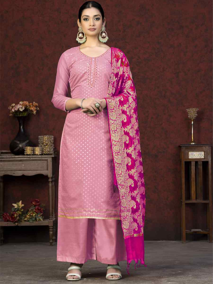Baby Pink Banarasi Jacquard Embroidered Casual Festival Pant Salwar Kameez