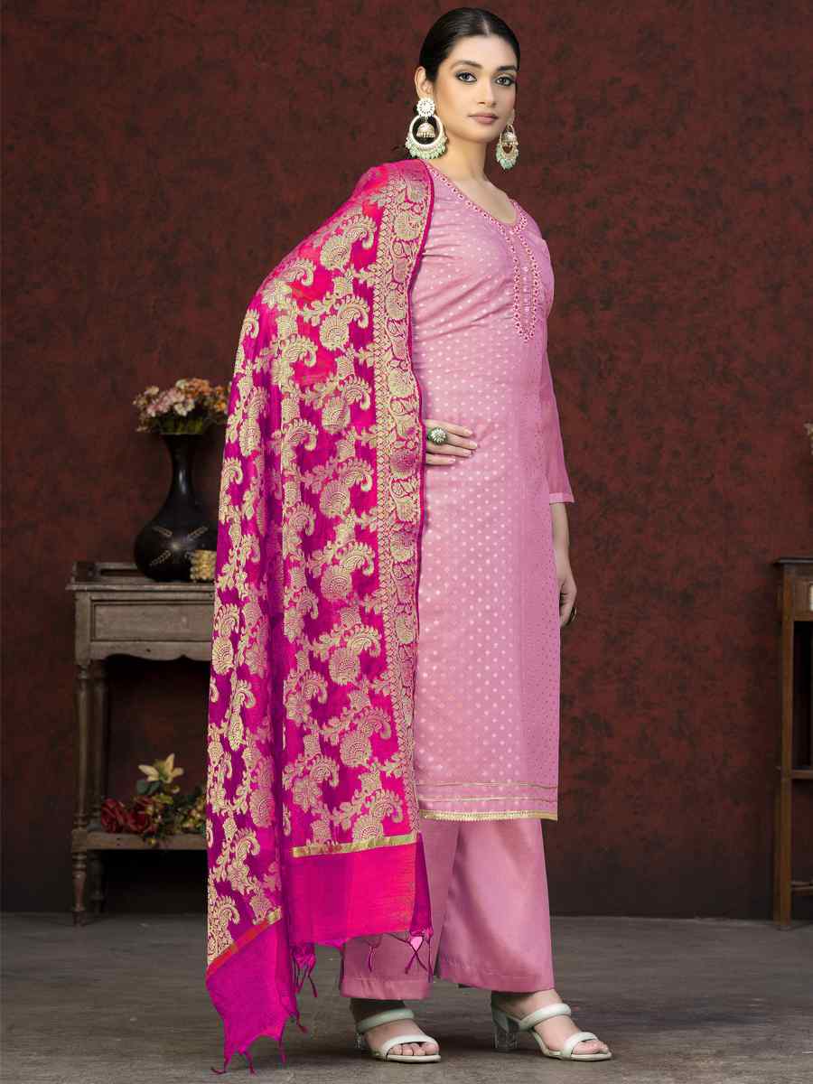 Baby Pink Banarasi Jacquard Embroidered Casual Festival Pant Salwar Kameez