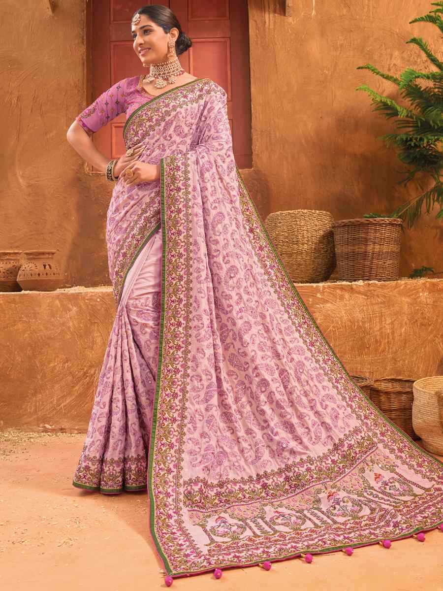 Baby Pink Banarasi Silk Embroidered Party Festival Heavy Border Saree
