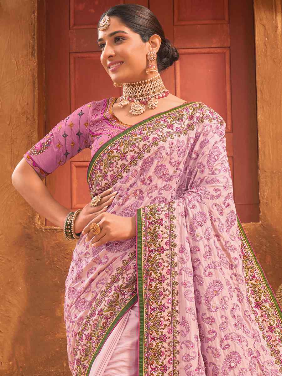 Baby Pink Banarasi Silk Embroidered Party Festival Heavy Border Saree