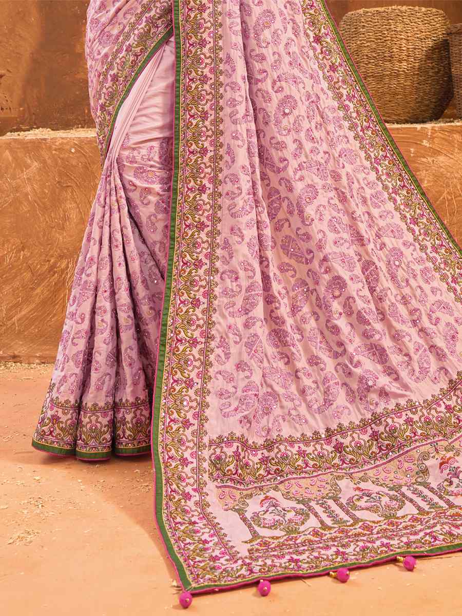 Baby Pink Banarasi Silk Embroidered Party Festival Heavy Border Saree