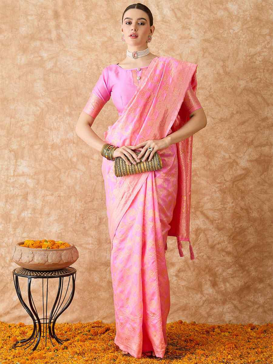 Baby Pink Banarasi Silk Handwoven Bridal Reception Festival Wedding Fancy Heavy Border Sarees
