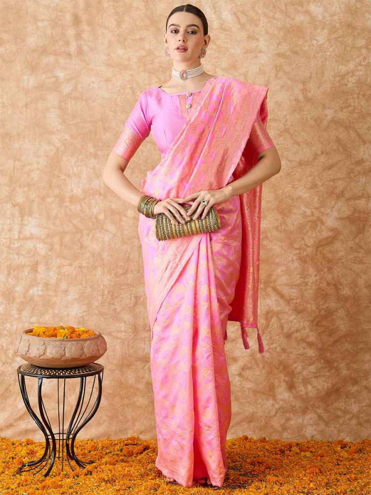 Image of Baby Pink Banarasi Silk Handwoven Bridal Reception Festival Wedding Fancy Heavy Border Sarees