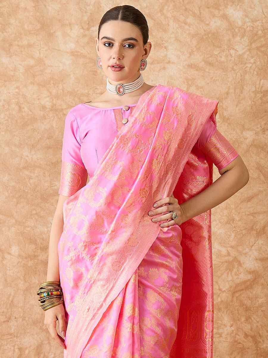 Baby Pink Banarasi Silk Handwoven Bridal Reception Festival Wedding Fancy Heavy Border Sarees