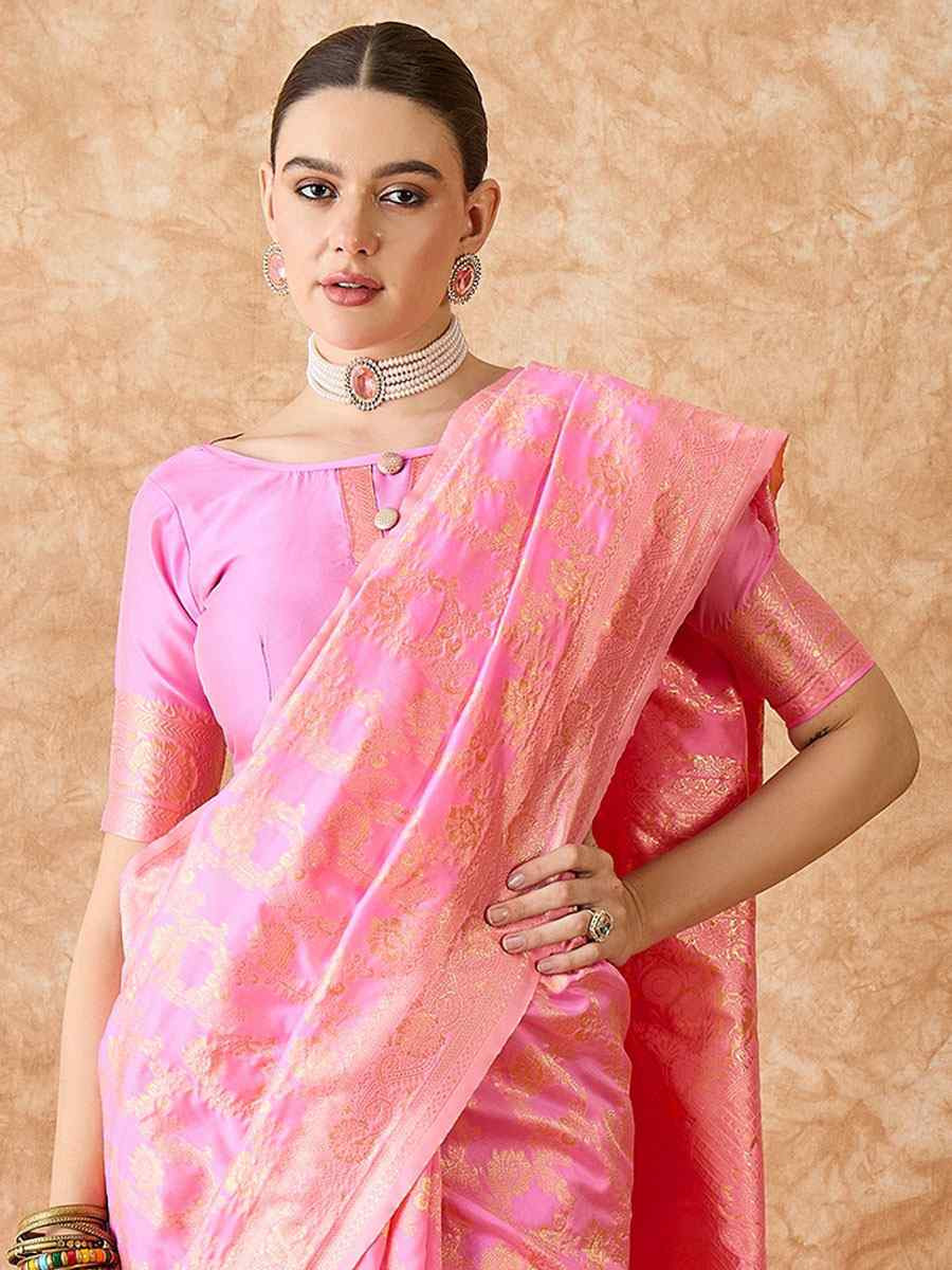 Baby Pink Banarasi Silk Handwoven Bridal Reception Festival Wedding Fancy Heavy Border Sarees