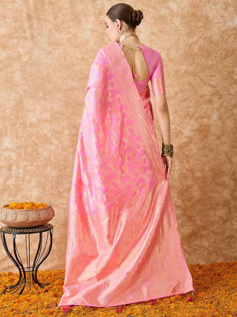 Baby Pink Banarasi Silk Handwoven Bridal Reception Festival Wedding Fancy Heavy Border Sarees