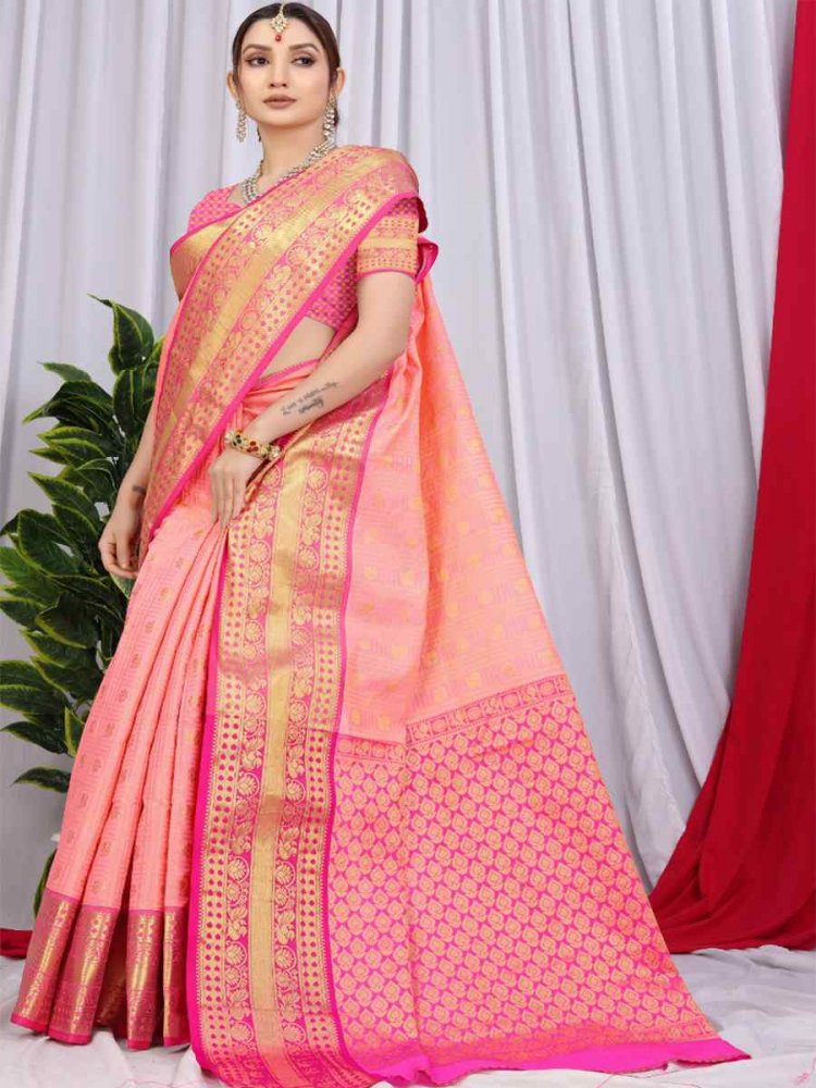 Baby Pink Banarasi Silk Handwoven Festival Casual Heavy Border Saree