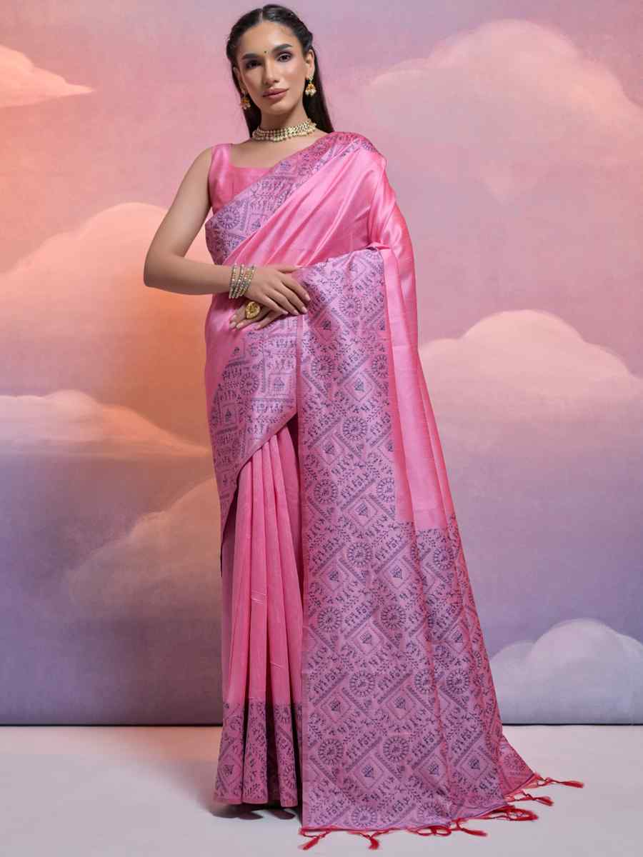 Baby Pink Banarasi Silk Handwoven Wedding Festival Heavy Border Saree