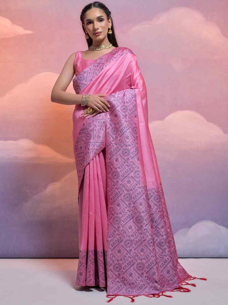 Baby Pink Banarasi Silk Handwoven Wedding Festival Heavy Border Saree