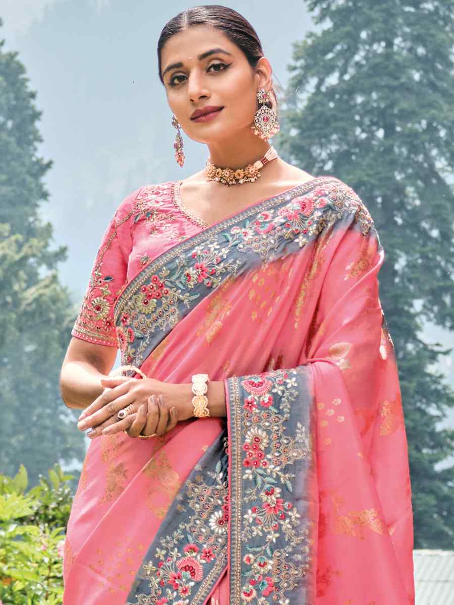 Baby Pink Banglory Silk Embroidered Bridesmaid Reception Heavy Border Saree