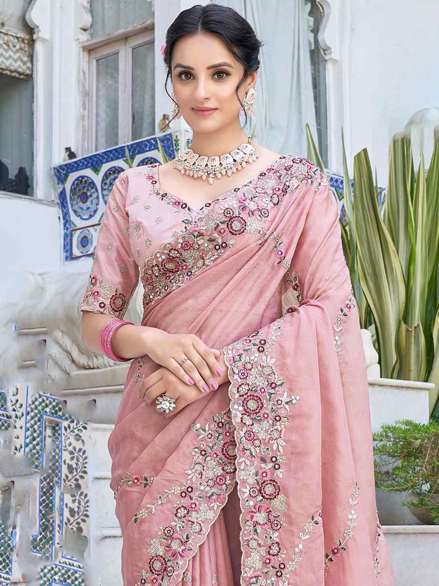 Baby Pink Banglory Silk Embroidered Party Festival Heavy Border Saree