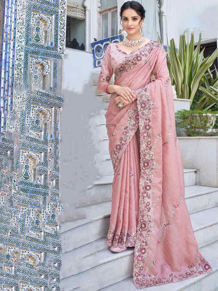 Baby Pink Banglory Silk Embroidered Party Festival Heavy Border Saree