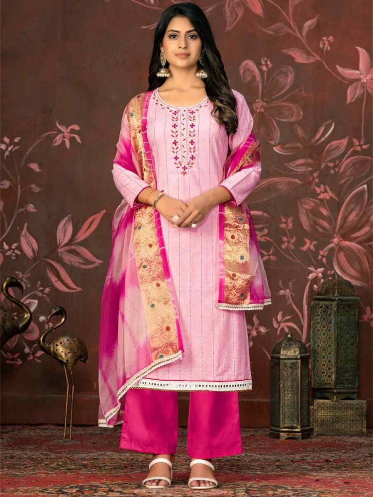 Baby Pink Cembric Cotton Embroidered Casual Festival Pant Salwar Kameez