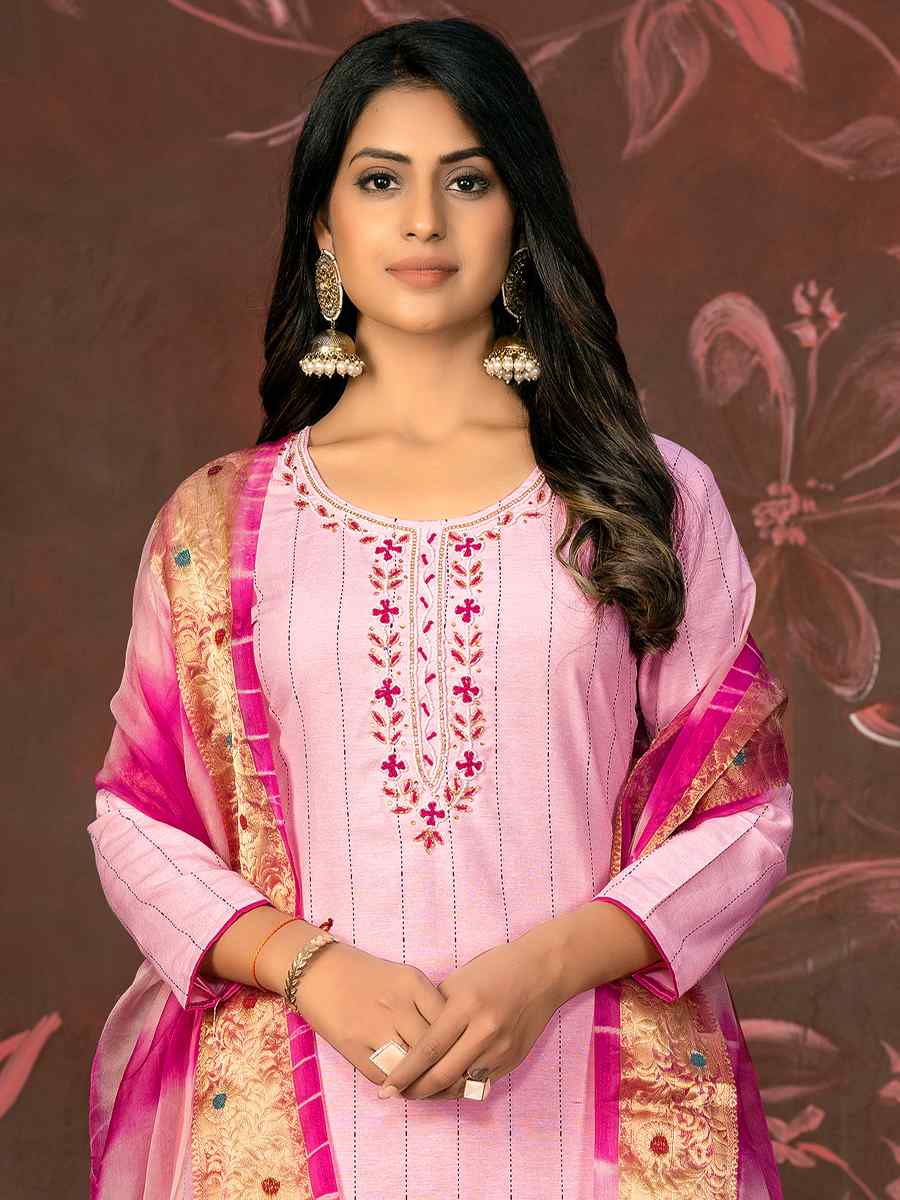 Baby Pink Cembric Cotton Embroidered Casual Festival Pant Salwar Kameez