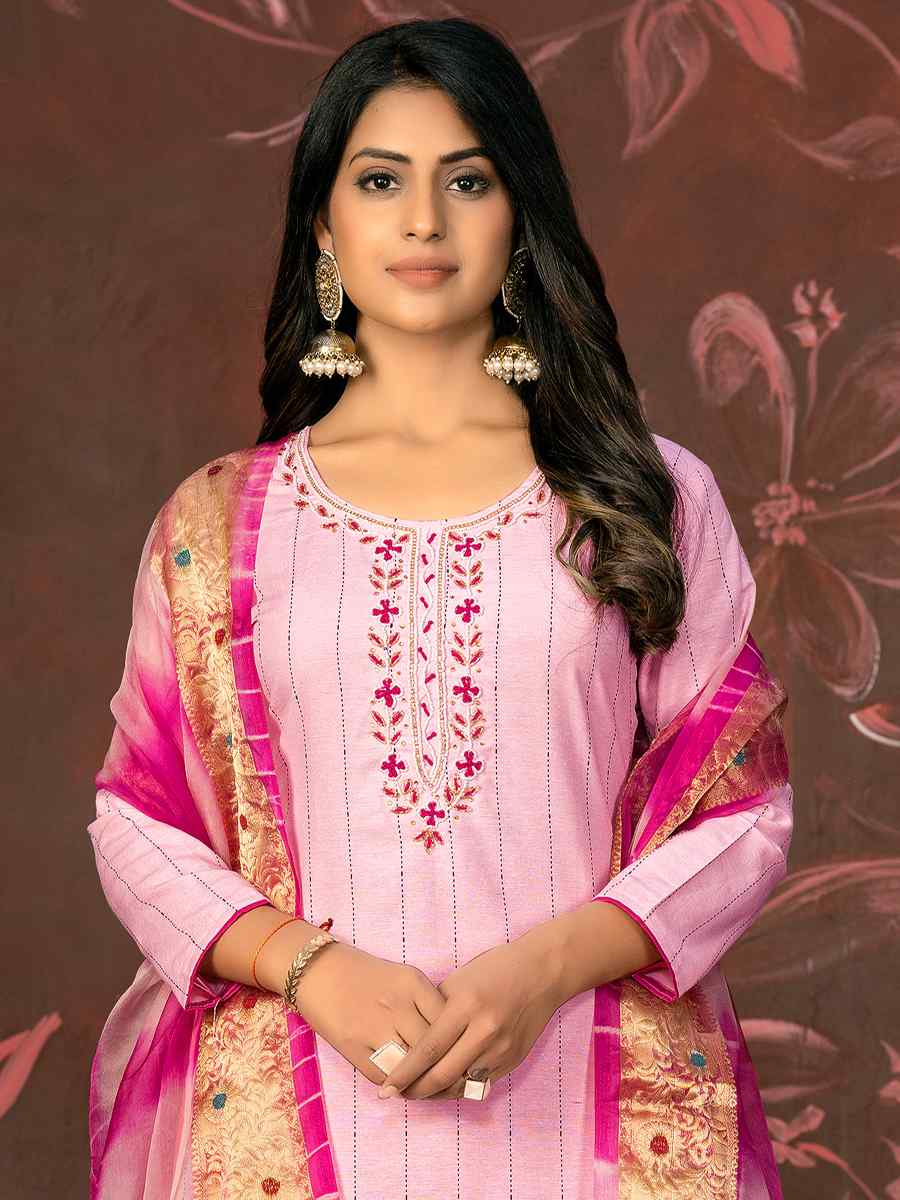 Baby Pink Cembric Cotton Embroidered Casual Festival Pant Salwar Kameez