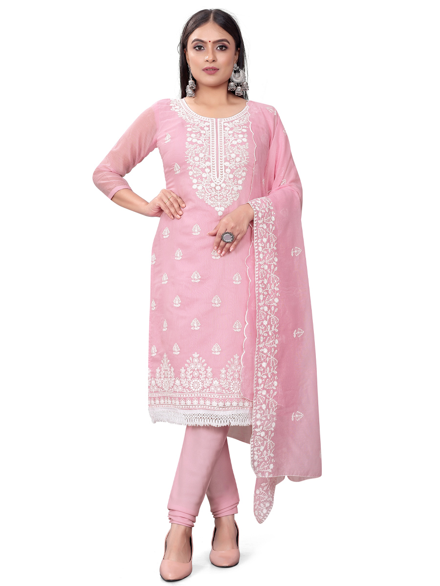 Baby Pink Chanderi Cotton Embroidered Casual Festival Churidar Salwar Kameez