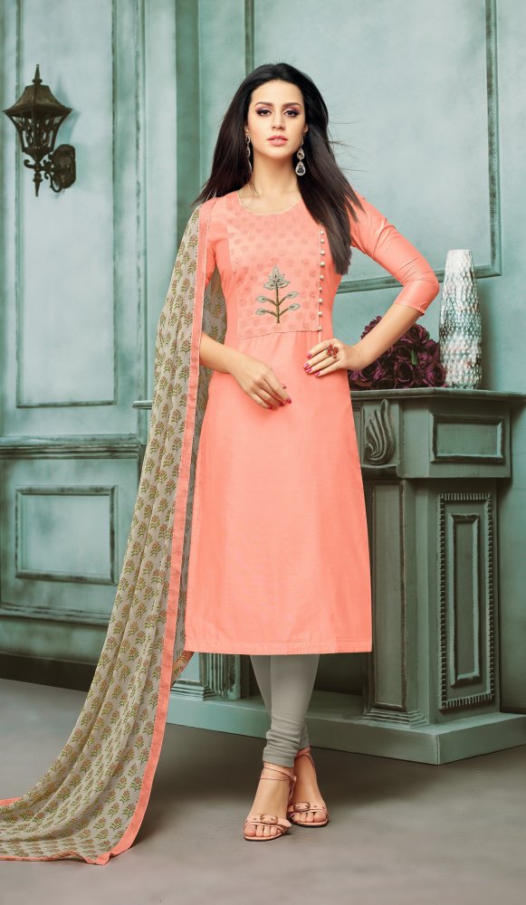 Baby Pink Chanderi Cotton Embroidered Casual Party Churidar Salwar Kameez