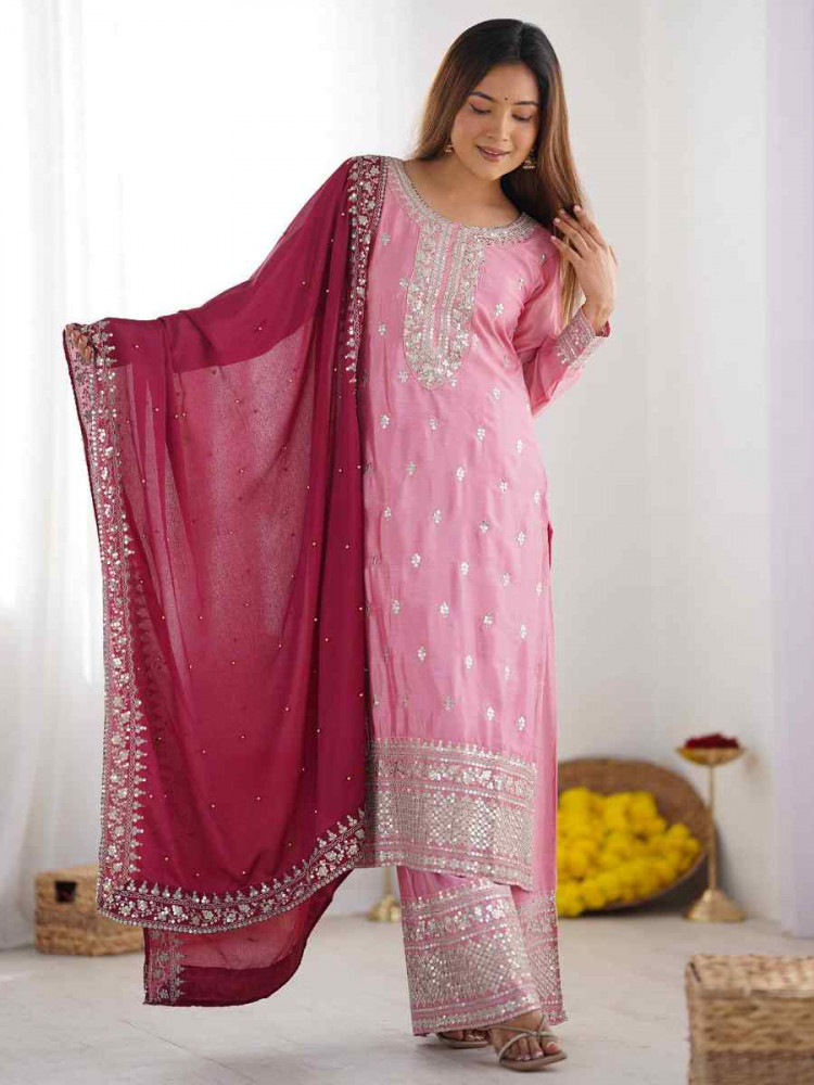 Baby Pink Chinon Silk Embroidered Festival Casual Ready Palazzo Pant Salwar Kameez