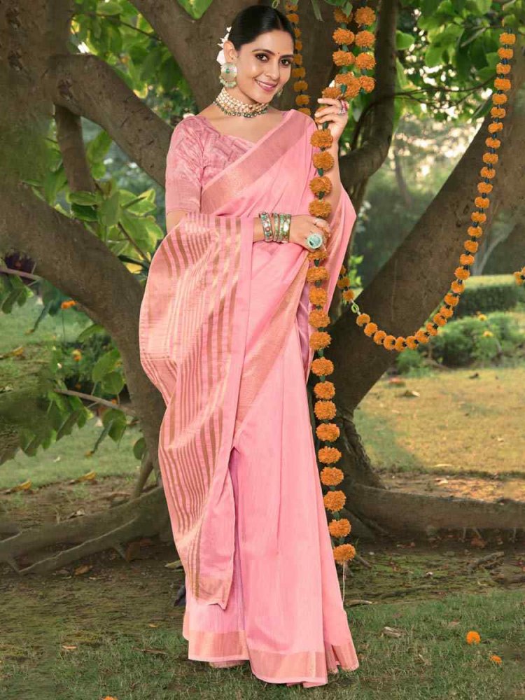 Baby Pink Cotton Handwoven Casual Festival Heavy Border Saree