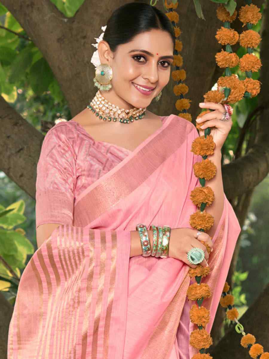 Baby Pink Cotton Handwoven Casual Festival Heavy Border Saree