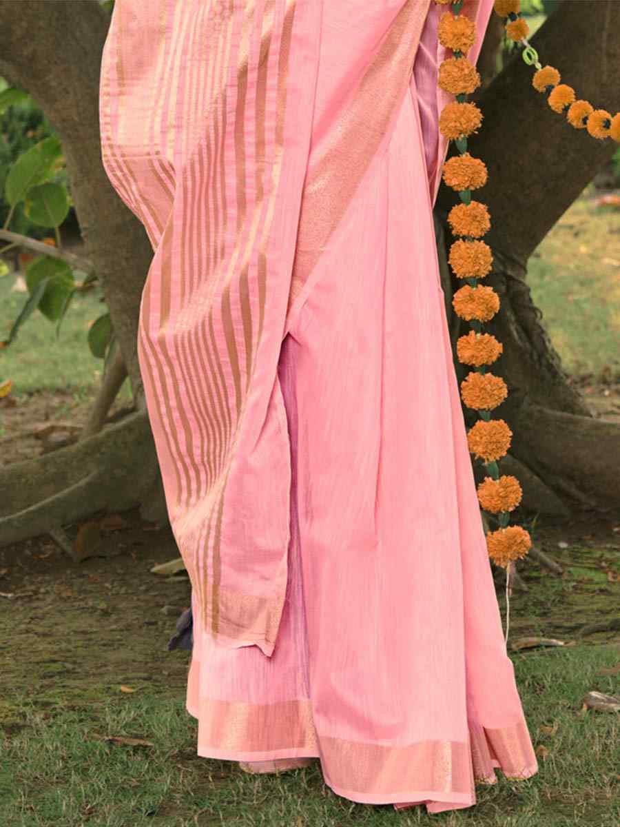 Baby Pink Cotton Handwoven Casual Festival Heavy Border Saree