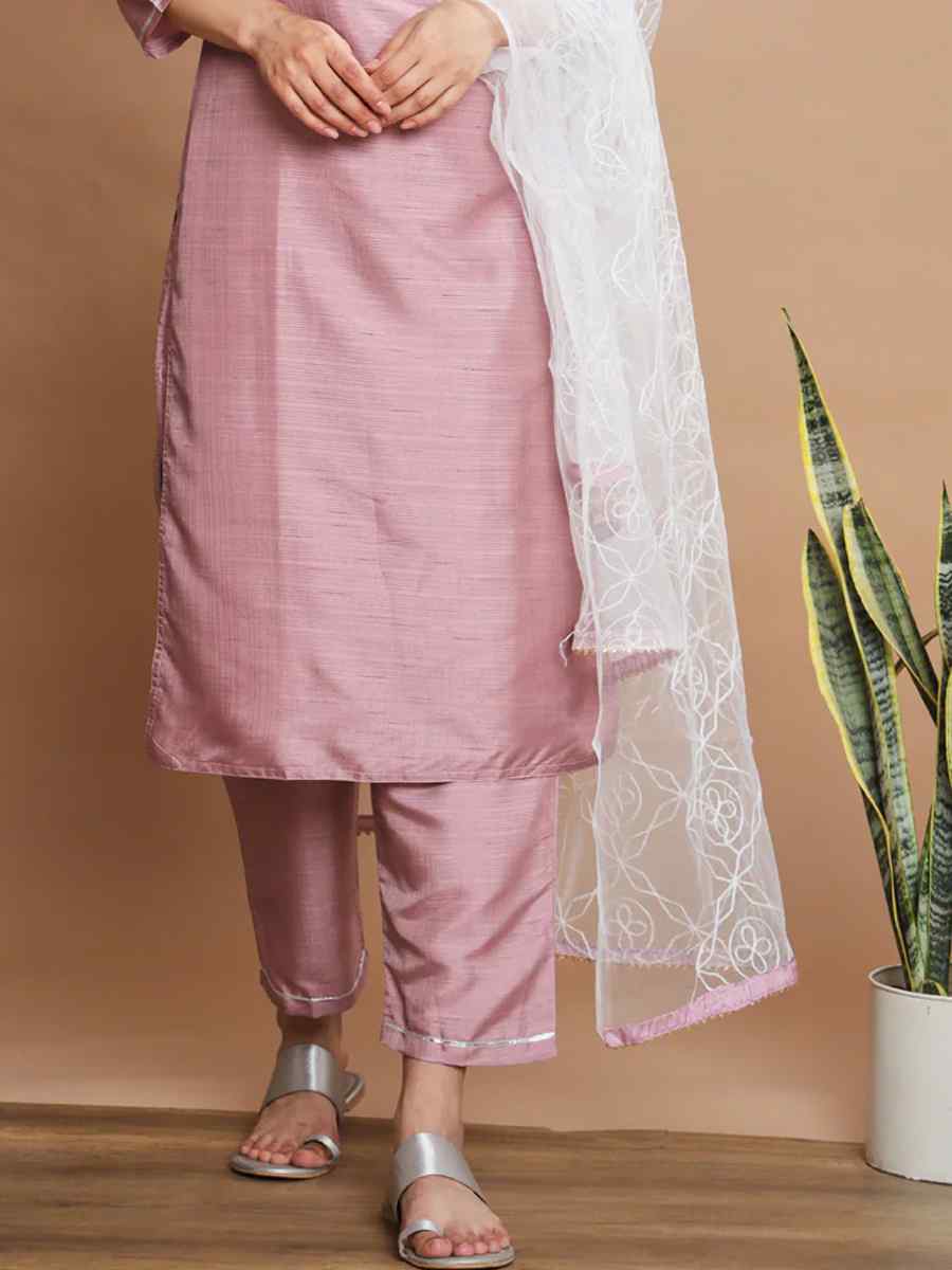 Baby Pink Cotton Silk Blend Embroidered Festival Casual Ready Pant Salwar Kameez